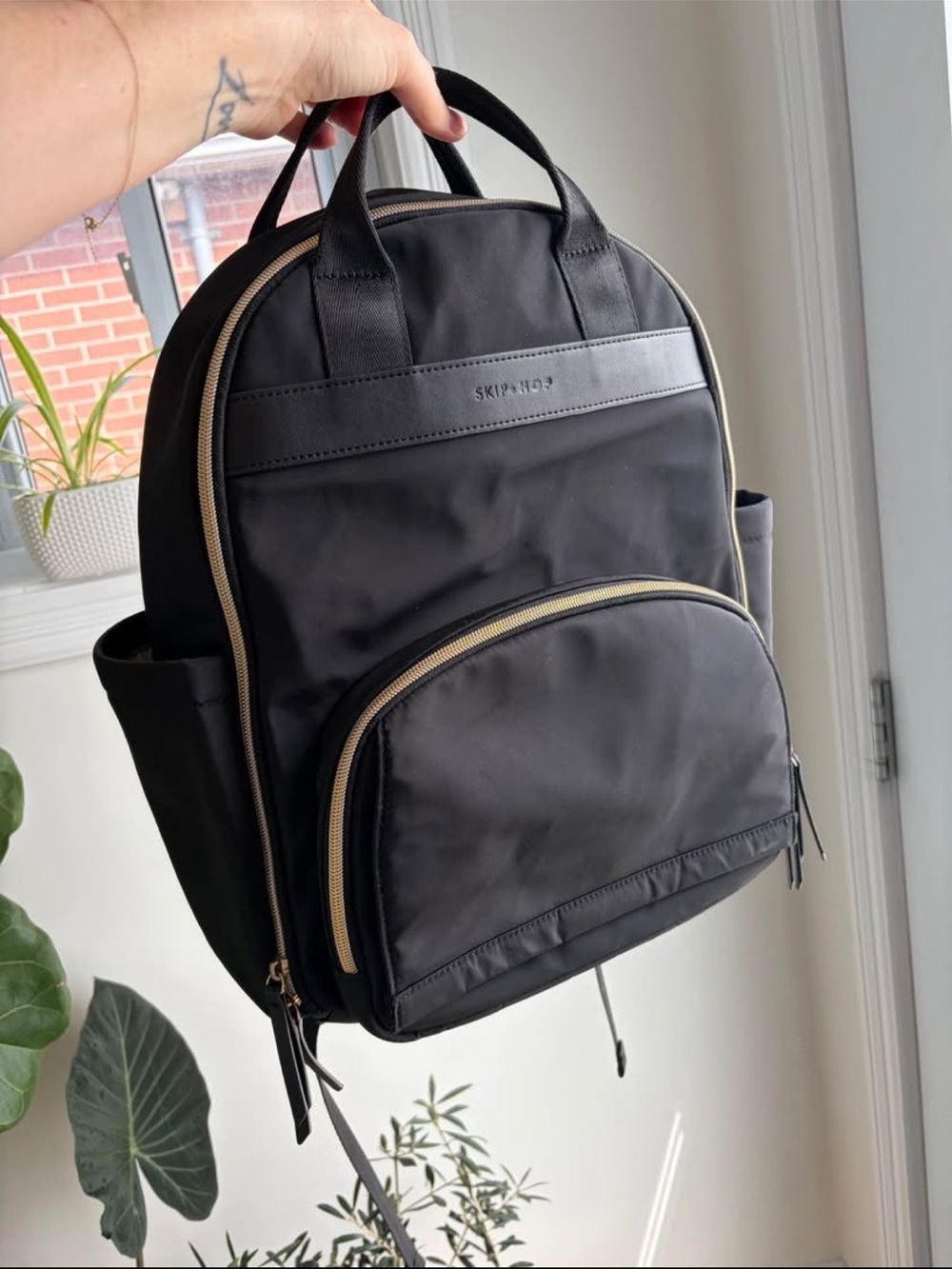Skip Hop Black Nylon Backpack with Gold Zippers